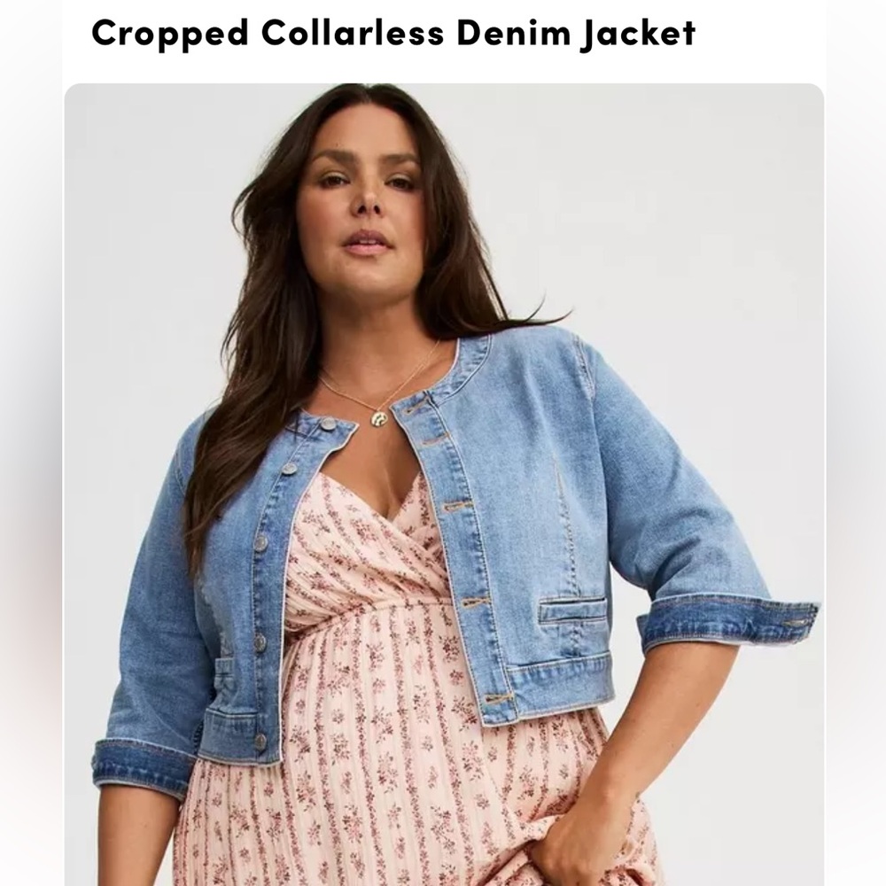 NWOT. Torrid Cropped Collarless Denim Jacket